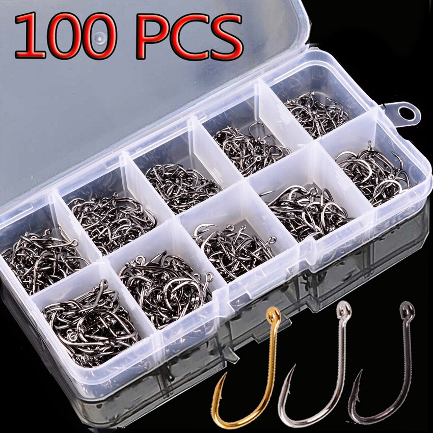 Fishing Hook Circle - △ 100個入り釣り針セット カーボンスチール製シングルサークル釣り針 フライフィッシングジップ バーブ付き鯉釣り針 海釣りタックルアクセサリー