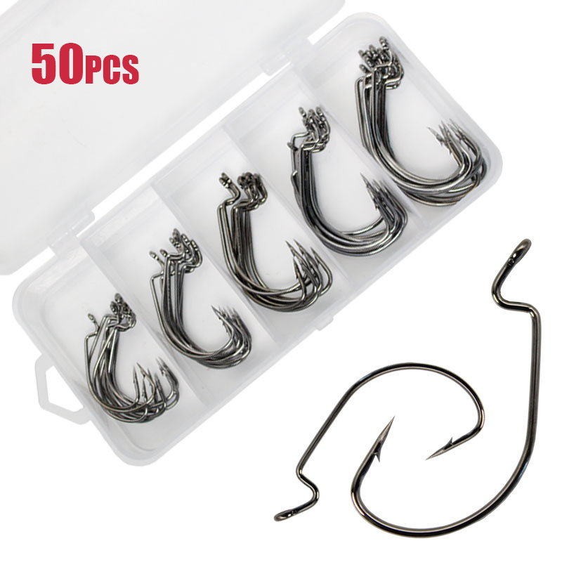 Fishing Hook Barbless - 50 個ワイドワームフック炭素鋼オフセット釣り針低音有刺鉄線鯉釣りフック釣りアクセサリー漁具釣具