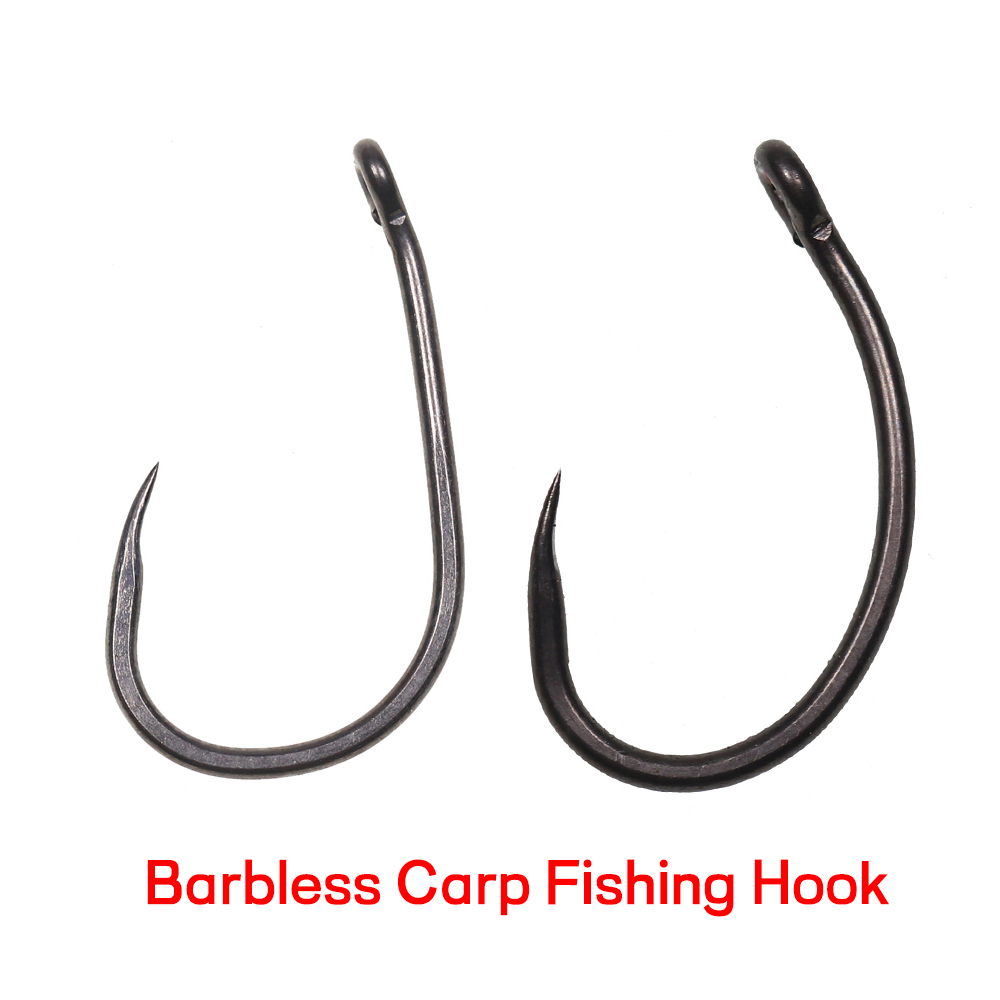 Fishing Hook Barbless - 50個入り マットブラック コイ釣り用バーブレスフック ダウンベントアイ カーブシャンク ワイドギャップ