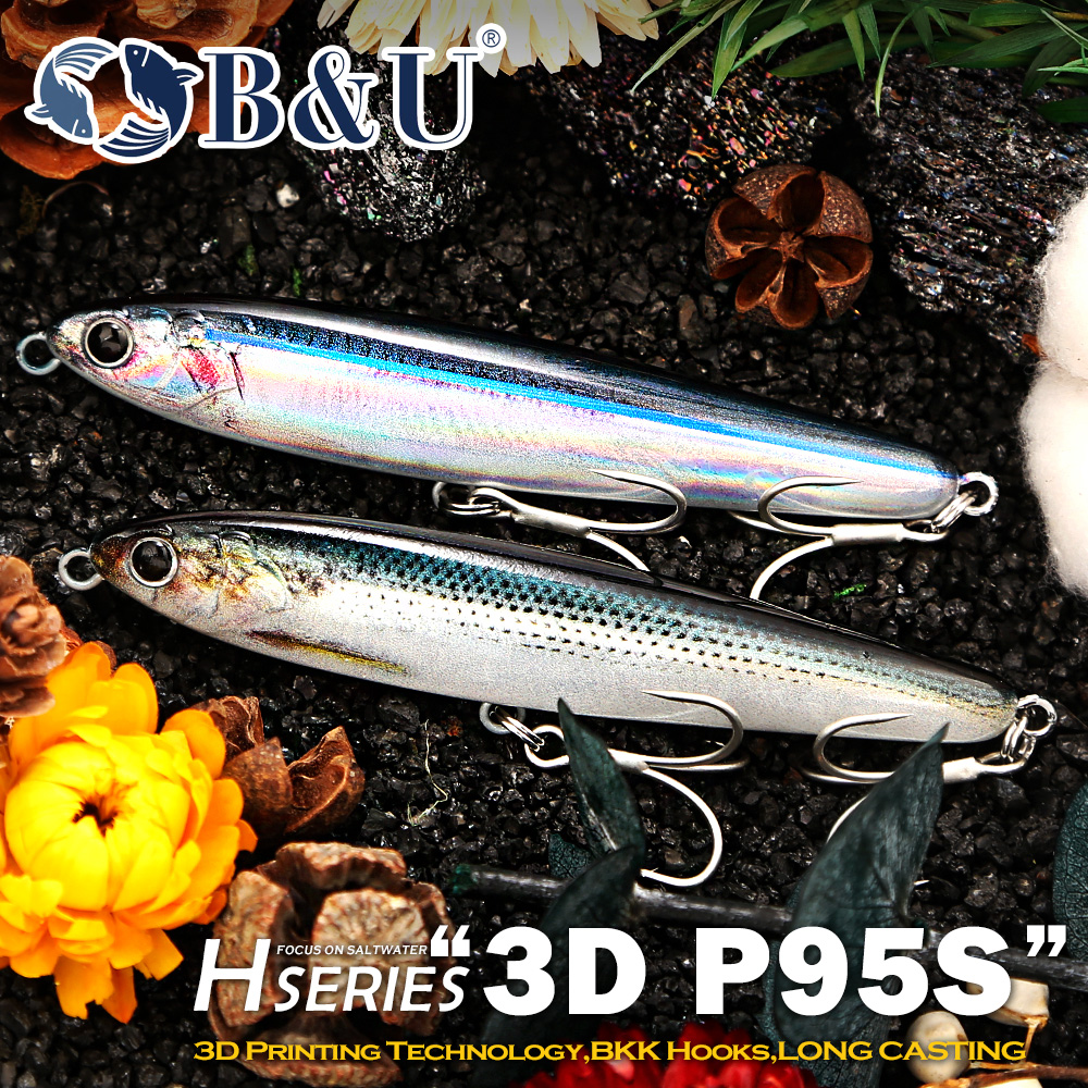 Fishing Hook Treble - B&U シンキングペンシルフィッシングルアー 3Dプリント製 速沈 BKKトレブルフック ロングキャスト