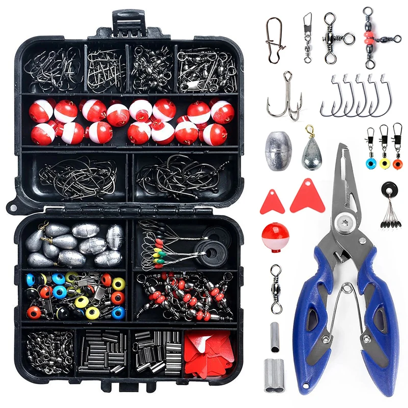 Fishing Hook Box - 263 個の屋外釣りアクセサリーセット、プライヤージグフックシンカーウェイトスイベルスナップシンカースライドキットを含むタックルボックス付き