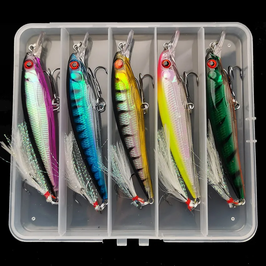 Fishing Hook - 3Dレーザーアイミノールアー,フェザー付きハードベイト,最大キャッチ,5ピース/箱,13.3g/6.8g