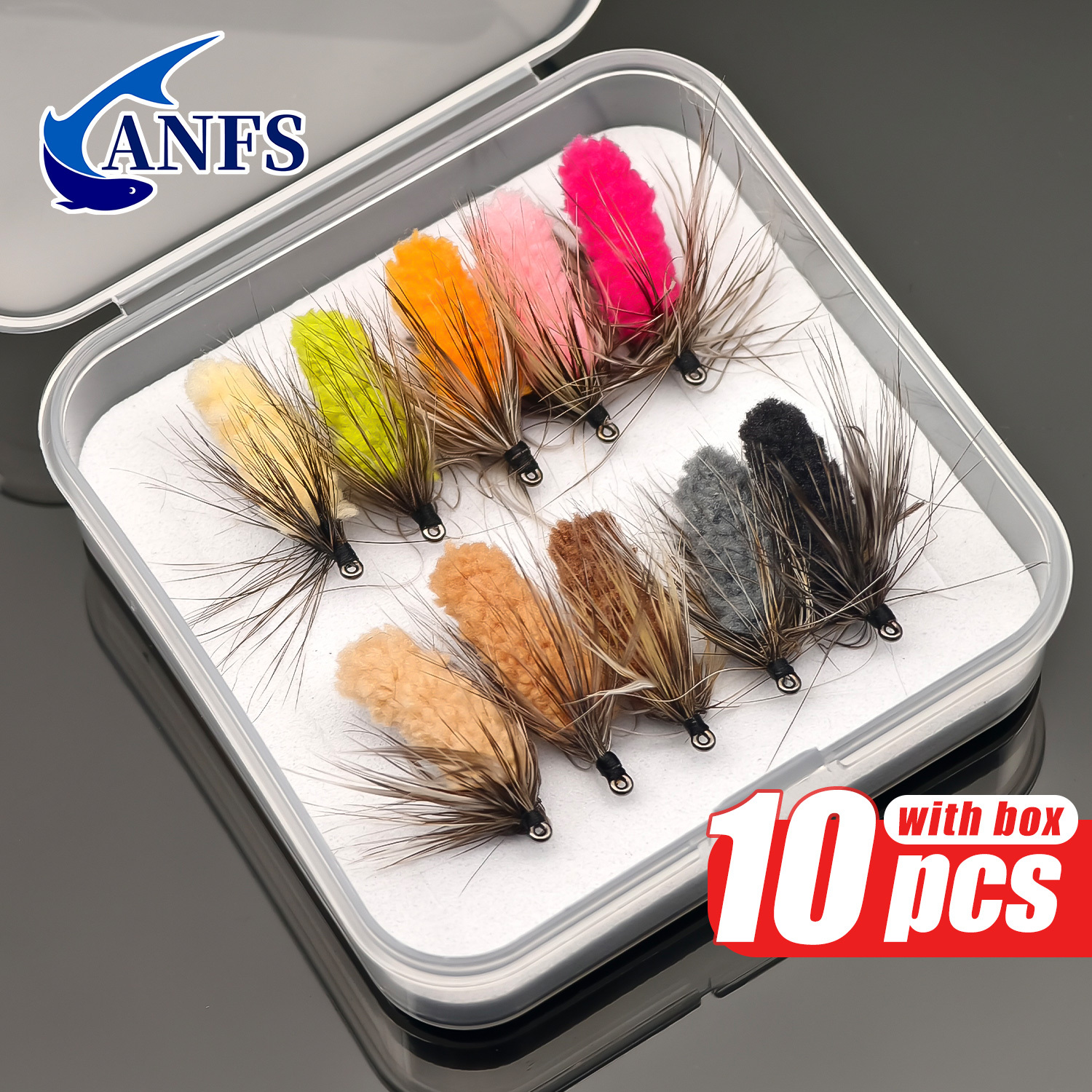 Fishing Hook Assortment - ANFS 10個入りモップフライアソートカラー（箱入り）、手結びフライ、フライフック