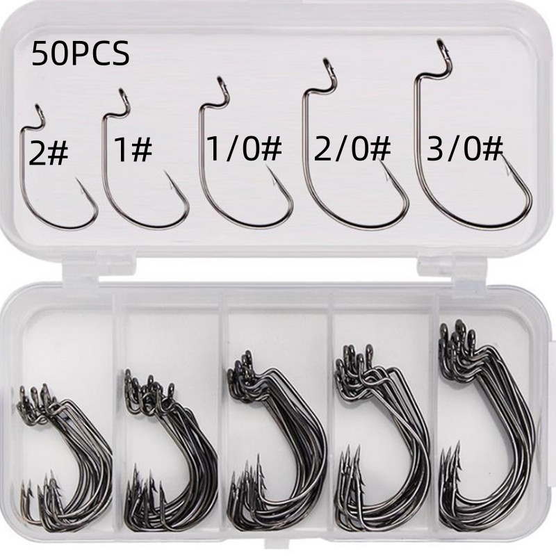 Fishing Hook Jig - 50個入り/箱 高炭素鋼製釣り針 オフセットワイドギャップバーブ付きジグフック ソフトワーム海釣り用