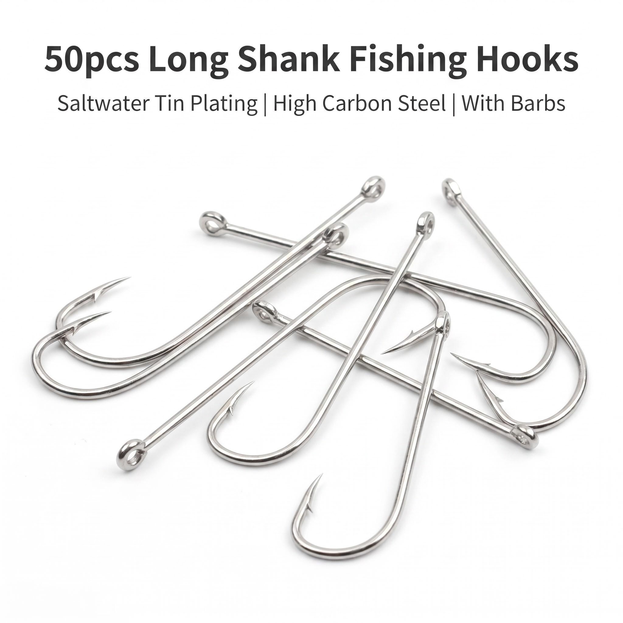 Fishing Hook Circle - 50個入りロングシャンク海水用サークルフック – 錫メッキ高炭素鋼製バーブ付き、オフショア釣り用ルアーに最適