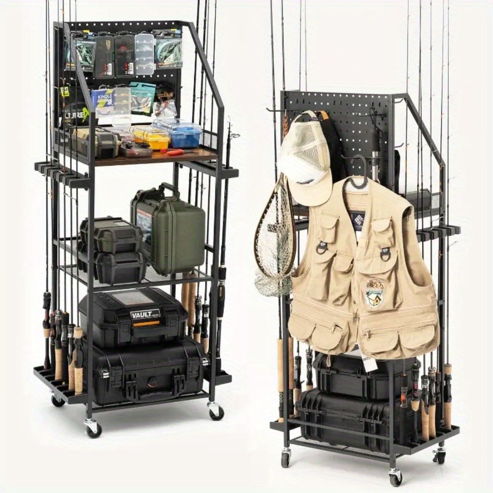 Fishing Hook Box - ガレージ用釣り竿ホルダー、ペグボードフック付き12本用釣り竿ホルダー、ローリングフィッシングカート、タックルボックス、ギア収納