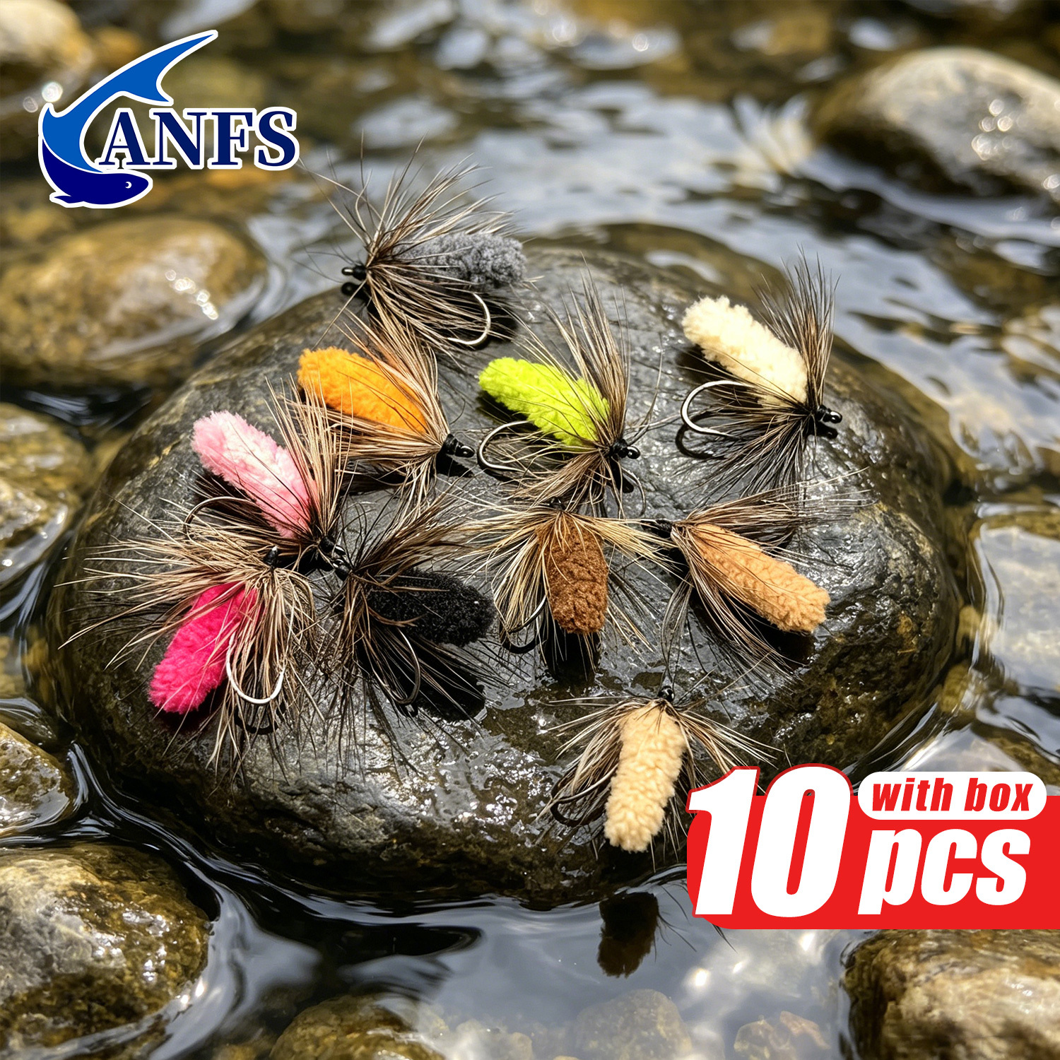ANFS 10個入りモップフライアソートカラー（箱入り）、手 - Fishing Hook Assortment のレビューと価格