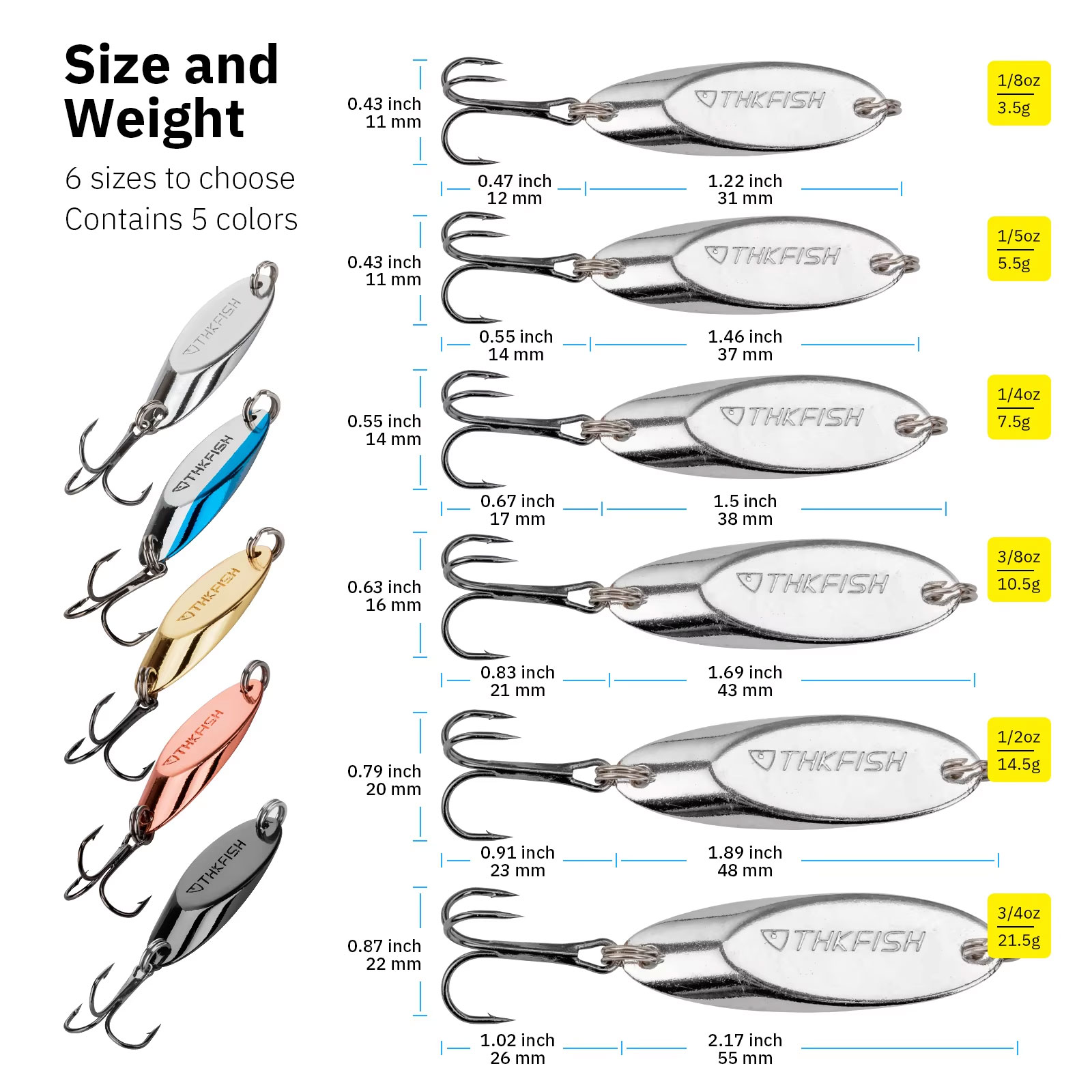 5 個金属スピナースプーンルアー 3.5 グラム 5.5 グ - Fishing Hook Treble のレビューと価格